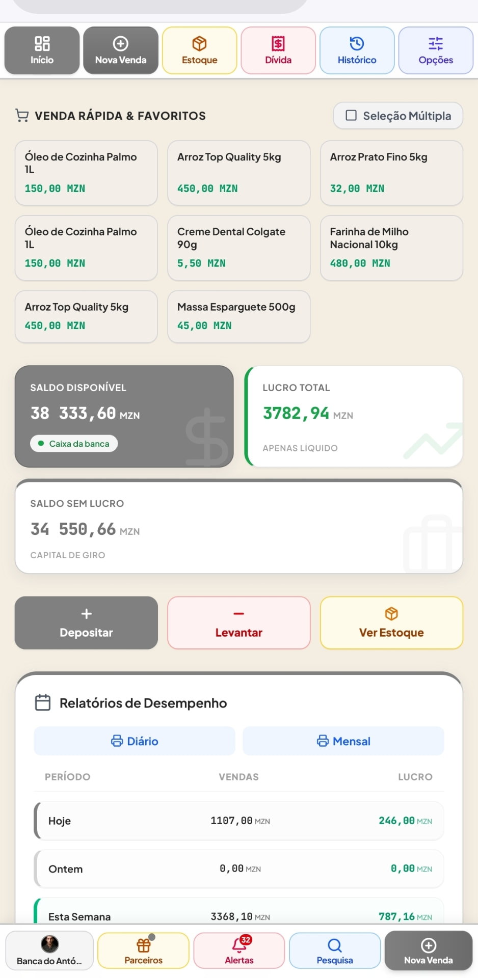 Captura original do Minha Banca mostrando o painel de controlo com saldo, lucro e capital de giro