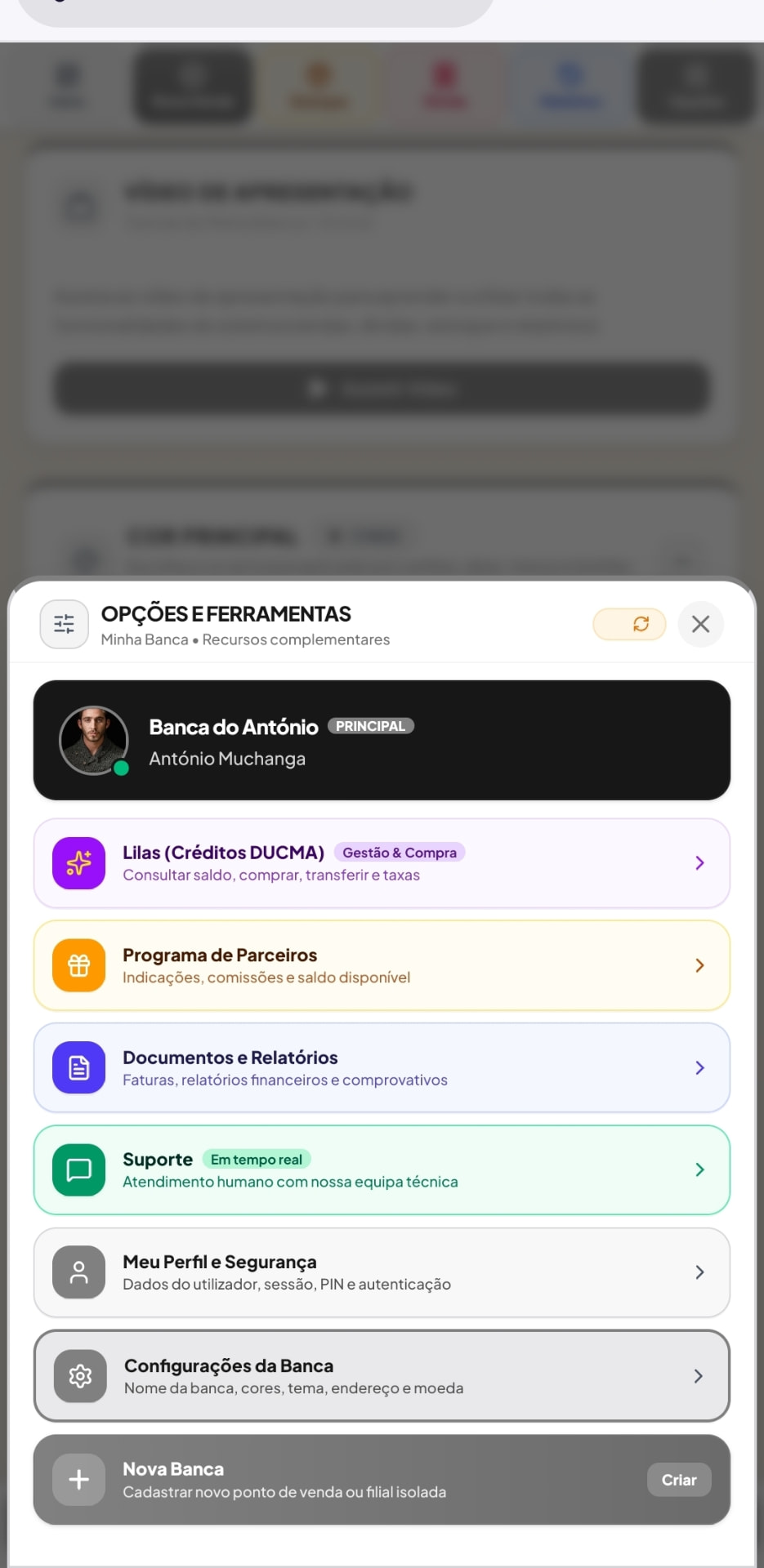 Opções e ferramentas